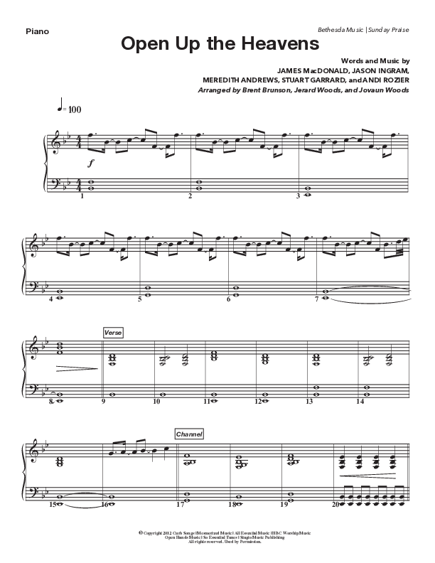 Open Up The Heavens (Live) Piano Sheet (Bethesda Music / Arr. Brent Brunson)
