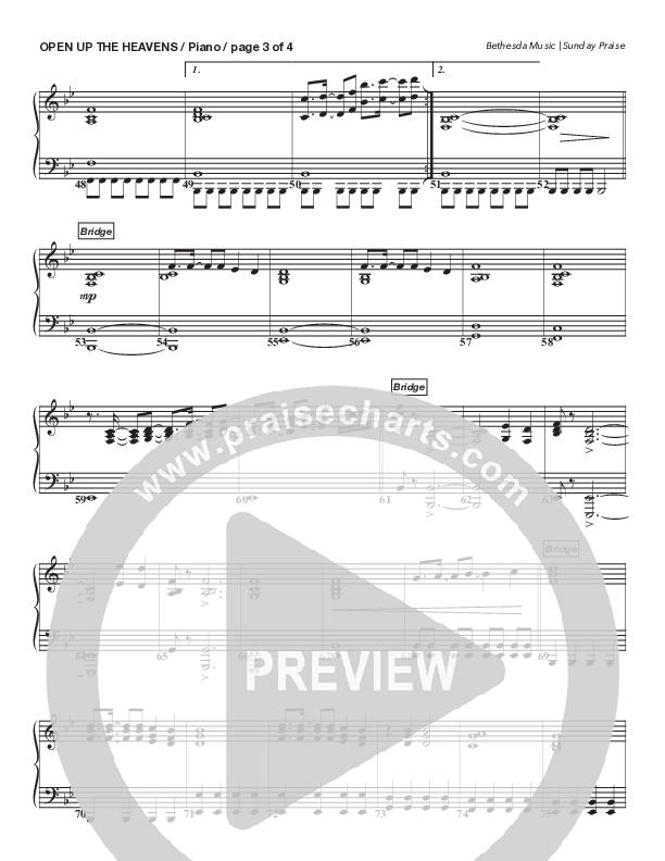 Open Up The Heavens (Live) Piano Sheet (Bethesda Music / Arr. Brent Brunson)