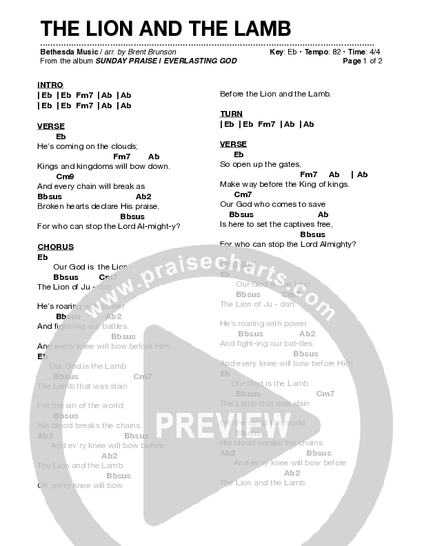 The Lion And The Lamb (Live) Chord Chart (Bethesda Music / Arr. Brent Brunson)