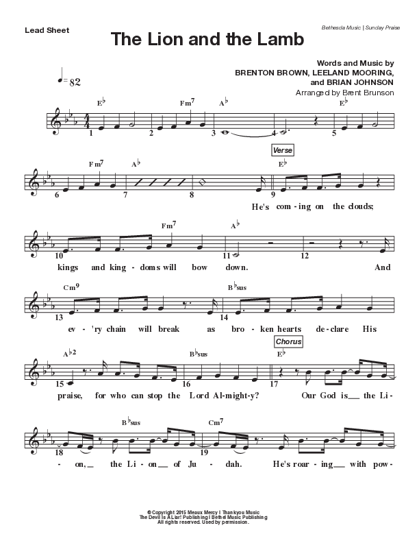 The Lion And The Lamb (Live) Lead Sheet Melody (Bethesda Music / Arr. Brent Brunson)