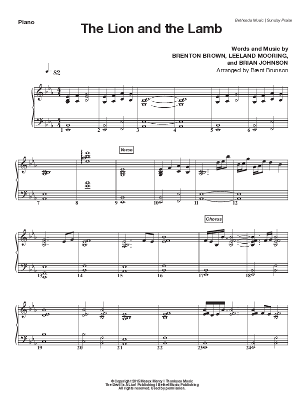 The Lion And The Lamb (Live) Piano Sheet (Bethesda Music / Arr. Brent Brunson)