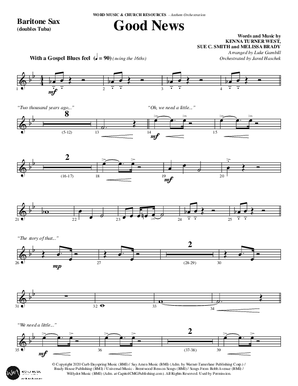 Good News (Choral Anthem SATB) Bari Sax (Word Music Choral / Arr. Luke Gambill / Orch. Jared Haschek)