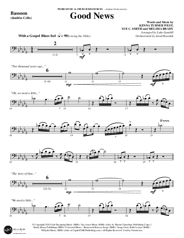 Good News (Choral Anthem SATB) Bassoon (Word Music Choral / Arr. Luke Gambill / Orch. Jared Haschek)