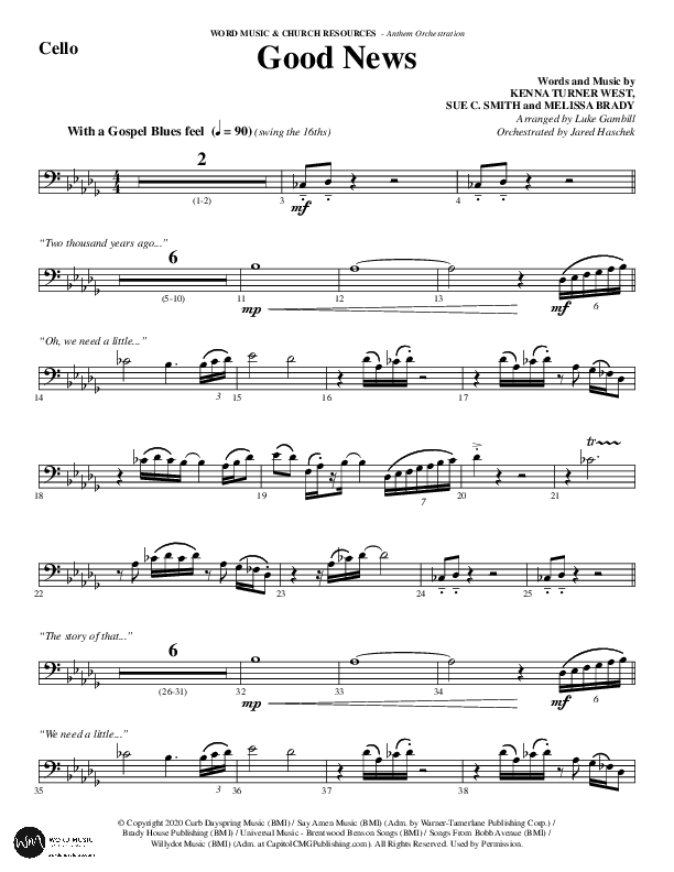 Good News (Choral Anthem SATB) Cello (Word Music Choral / Arr. Luke Gambill / Orch. Jared Haschek)