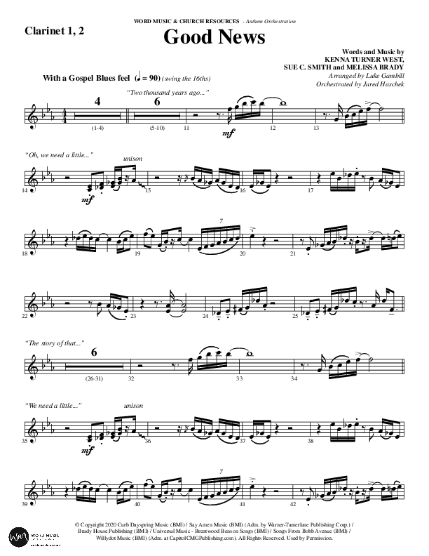 Good News (Choral Anthem SATB) Clarinet 1/2 (Word Music Choral / Arr. Luke Gambill / Orch. Jared Haschek)