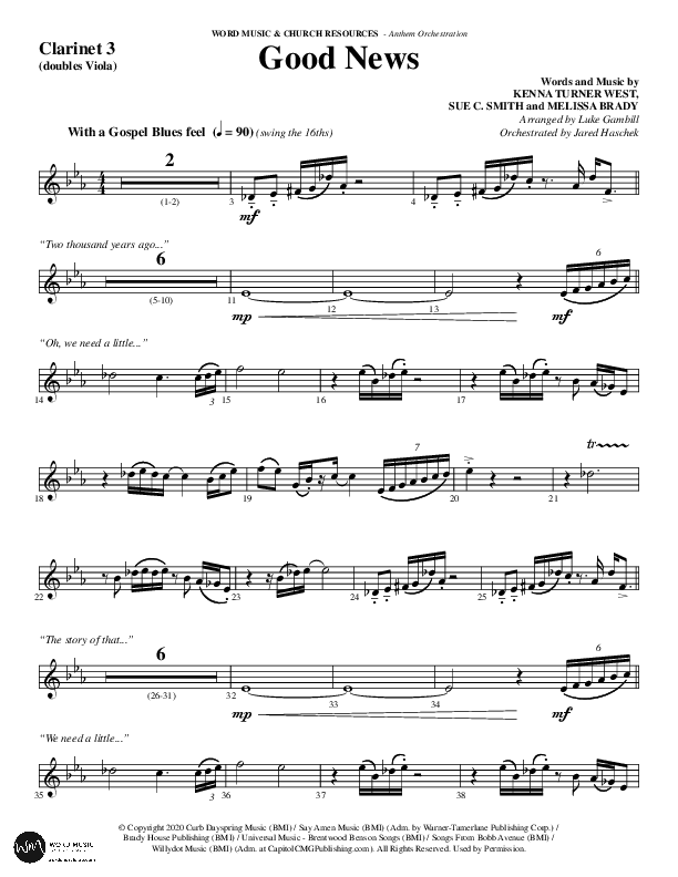 Good News (Choral Anthem SATB) Clarinet 3 (Word Music Choral / Arr. Luke Gambill / Orch. Jared Haschek)