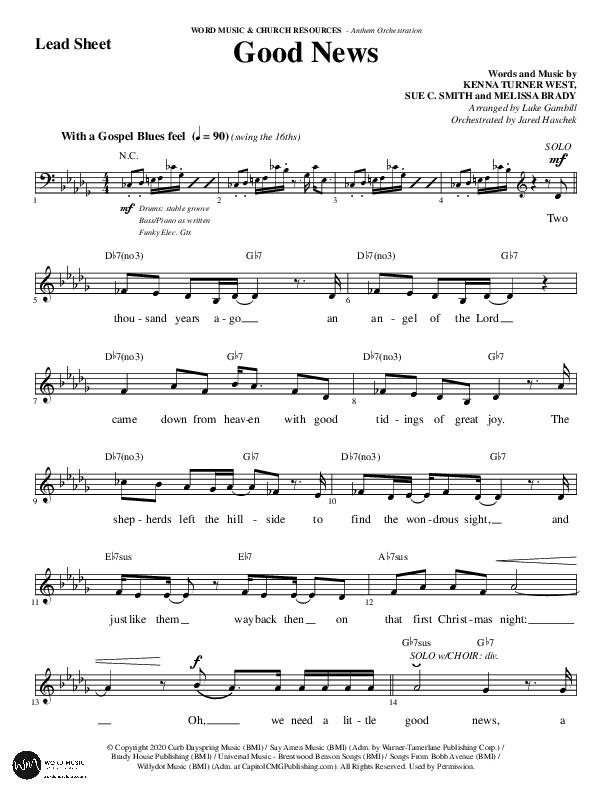 Good News (Choral Anthem SATB) Lead Sheet (Melody) (Word Music Choral / Arr. Luke Gambill / Orch. Jared Haschek)