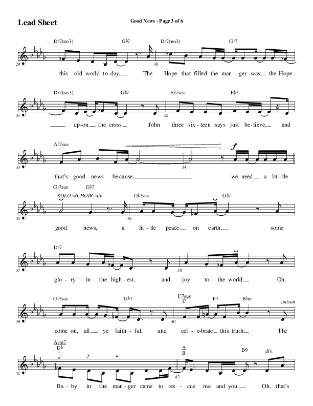 Good News (Choral Anthem SATB) Lead Sheet (Melody) (Word Music Choral / Arr. Luke Gambill / Orch. Jared Haschek)