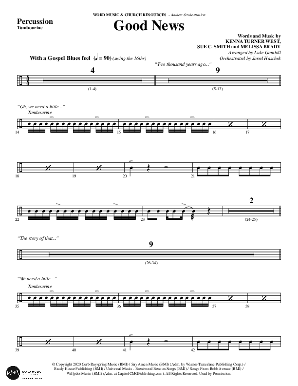 Good News (Choral Anthem SATB) Percussion (Word Music Choral / Arr. Luke Gambill / Orch. Jared Haschek)