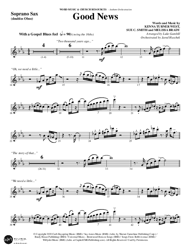 Good News (Choral Anthem SATB) Soprano Sax (Word Music Choral / Arr. Luke Gambill / Orch. Jared Haschek)