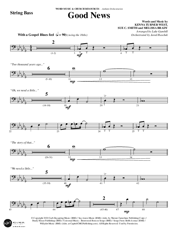 Good News (Choral Anthem SATB) String Bass (Word Music Choral / Arr. Luke Gambill / Orch. Jared Haschek)