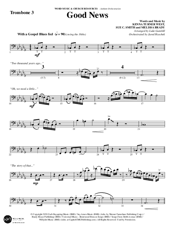 Good News (Choral Anthem SATB) Trombone 3 (Word Music Choral / Arr. Luke Gambill / Orch. Jared Haschek)