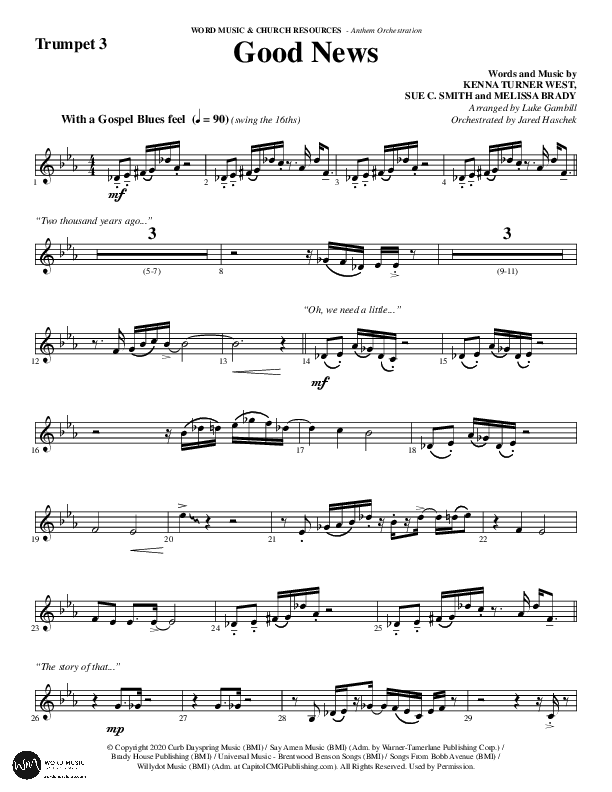 Good News (Choral Anthem SATB) Trumpet 3 (Word Music Choral / Arr. Luke Gambill / Orch. Jared Haschek)