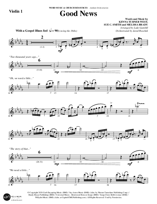 Good News (Choral Anthem SATB) Violin 1 (Word Music Choral / Arr. Luke Gambill / Orch. Jared Haschek)