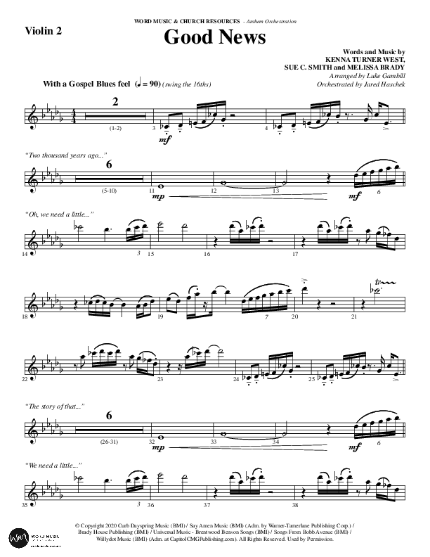 Good News (Choral Anthem SATB) Violin 2 (Word Music Choral / Arr. Luke Gambill / Orch. Jared Haschek)