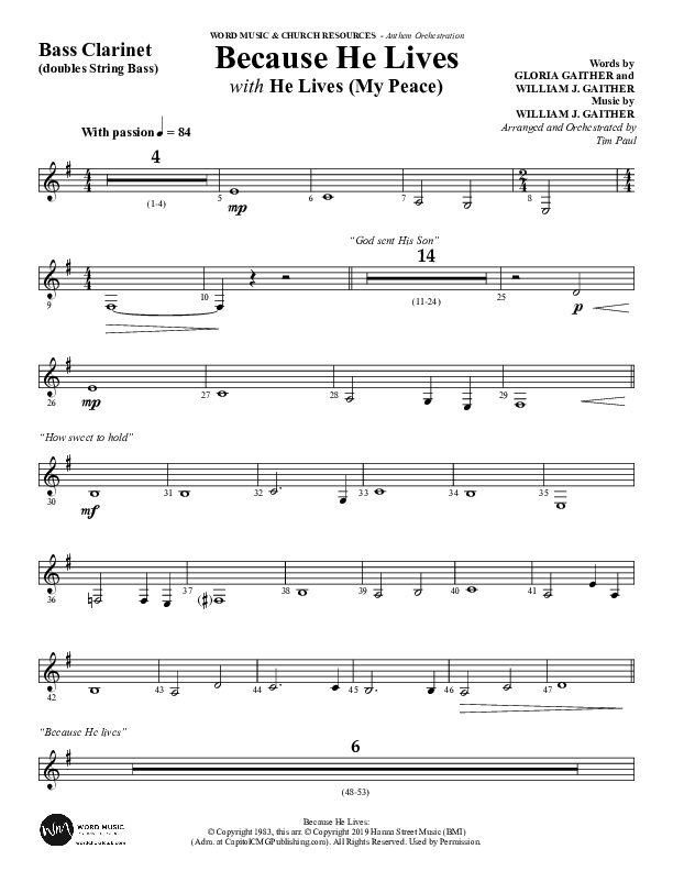 Because He Lives with He Lives (My Peace) (Choral Anthem SATB) Bass Clarinet (Word Music Choral / Arr. Tim Paul)
