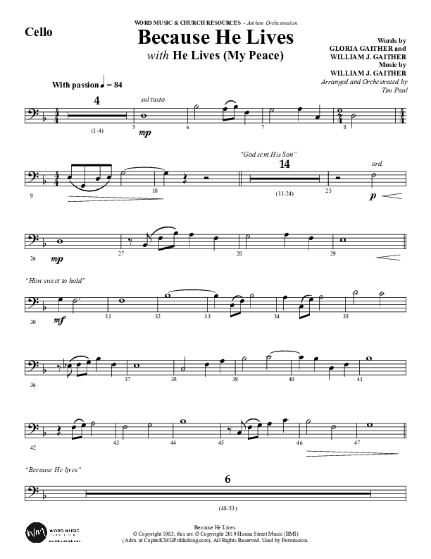 Because He Lives with He Lives (My Peace) (Choral Anthem SATB) Cello (Word Music Choral / Arr. Tim Paul)