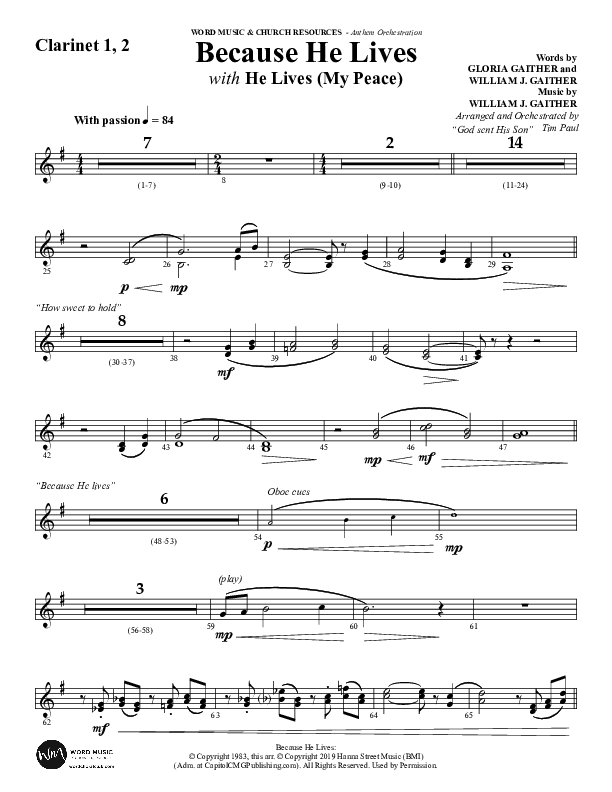 Because He Lives with He Lives (My Peace) (Choral Anthem SATB) Clarinet 1/2 (Word Music Choral / Arr. Tim Paul)