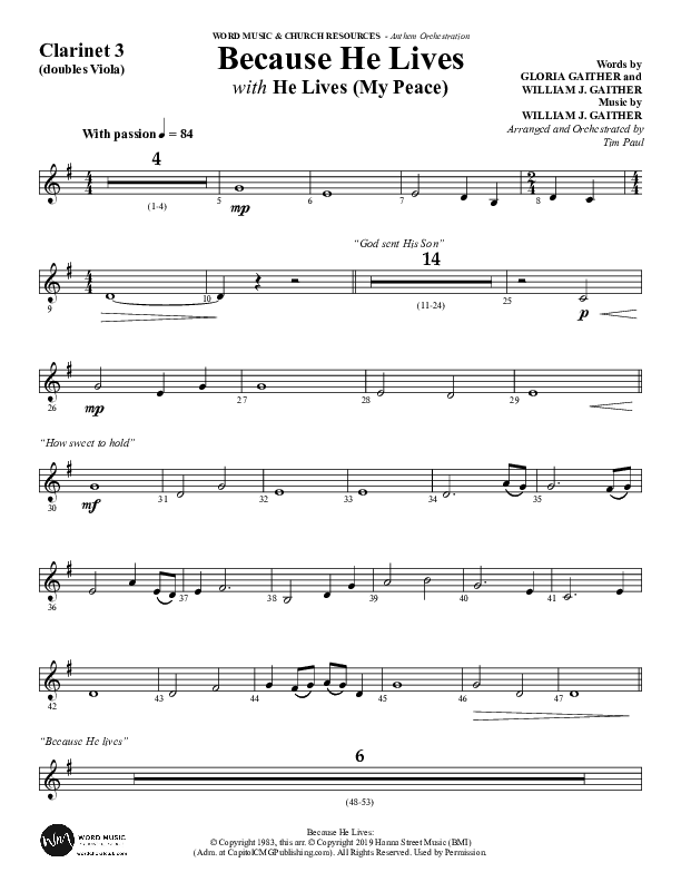Because He Lives with He Lives (My Peace) (Choral Anthem SATB) Clarinet 3 (Word Music Choral / Arr. Tim Paul)