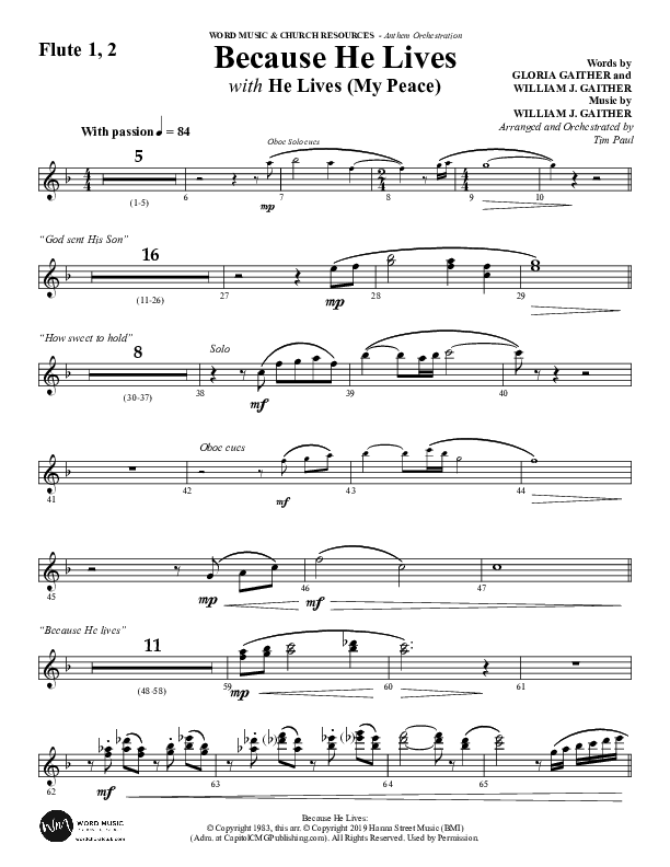 Because He Lives with He Lives (My Peace) (Choral Anthem SATB) Flute 1/2 (Word Music Choral / Arr. Tim Paul)