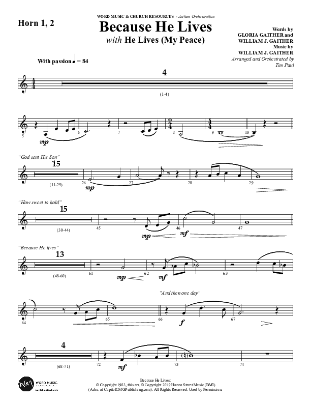 Because He Lives with He Lives (My Peace) (Choral Anthem SATB) French Horn 1/2 (Word Music Choral / Arr. Tim Paul)