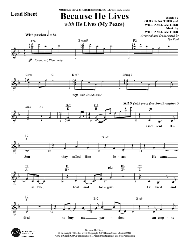Because He Lives with He Lives (My Peace) (Choral Anthem SATB) Lead Sheet (Melody) (Word Music Choral / Arr. Tim Paul)