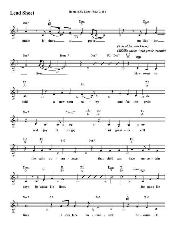 Because He Lives with He Lives (My Peace) (Choral Anthem SATB) Lead Sheet (Melody) (Word Music Choral / Arr. Tim Paul)