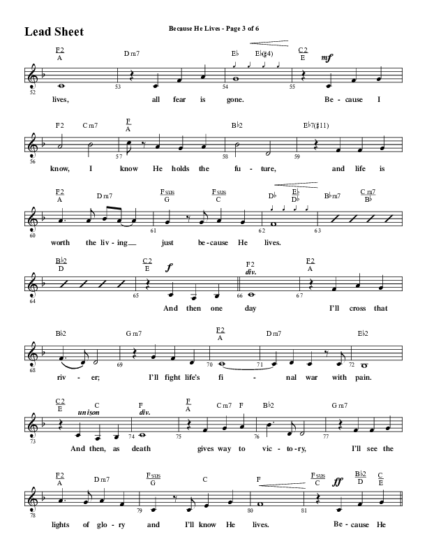 Because He Lives with He Lives (My Peace) (Choral Anthem SATB) Lead Sheet (Melody) (Word Music Choral / Arr. Tim Paul)