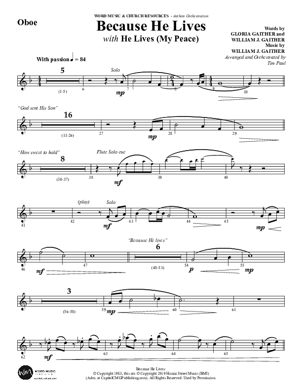 Because He Lives with He Lives (My Peace) (Choral Anthem SATB) Oboe (Word Music Choral / Arr. Tim Paul)