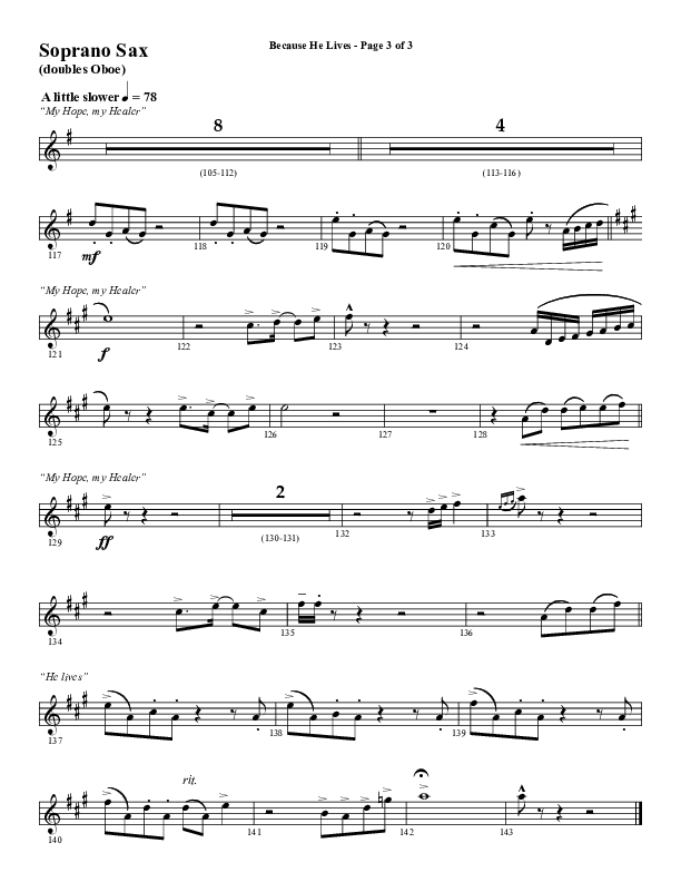 Because He Lives with He Lives (My Peace) (Choral Anthem SATB) Soprano Sax (Word Music Choral / Arr. Tim Paul)