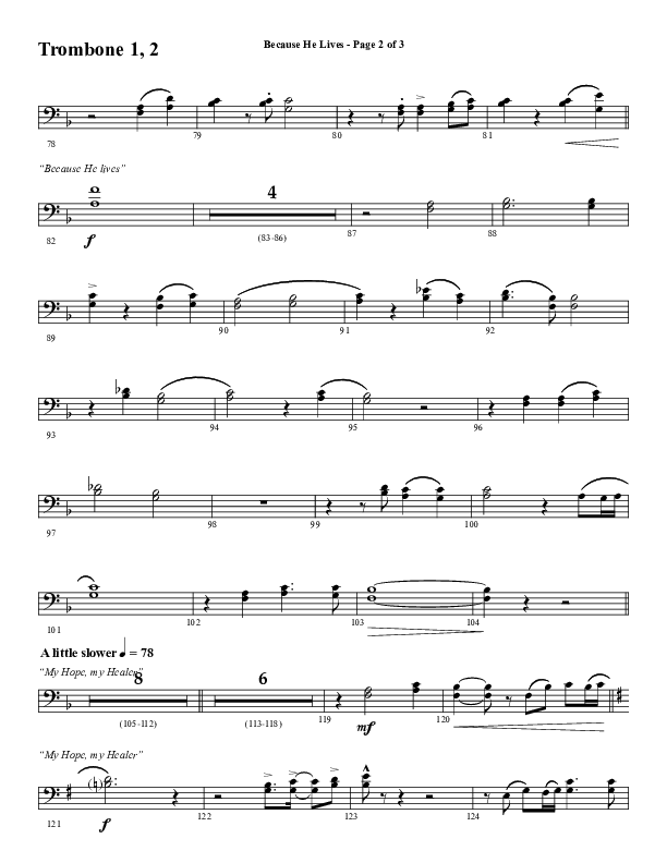 Because He Lives with He Lives (My Peace) (Choral Anthem SATB) Trombone 1/2 (Word Music Choral / Arr. Tim Paul)
