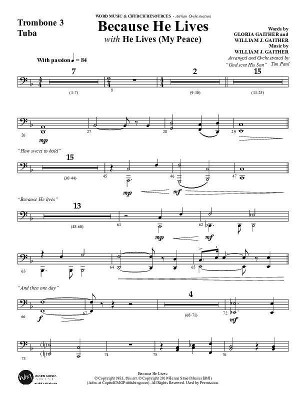 Because He Lives with He Lives (My Peace) (Choral Anthem SATB) Trombone 3/Tuba (Word Music Choral / Arr. Tim Paul)