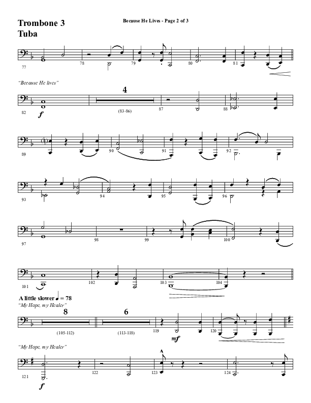 Because He Lives with He Lives (My Peace) (Choral Anthem SATB) Trombone 3/Tuba (Word Music Choral / Arr. Tim Paul)