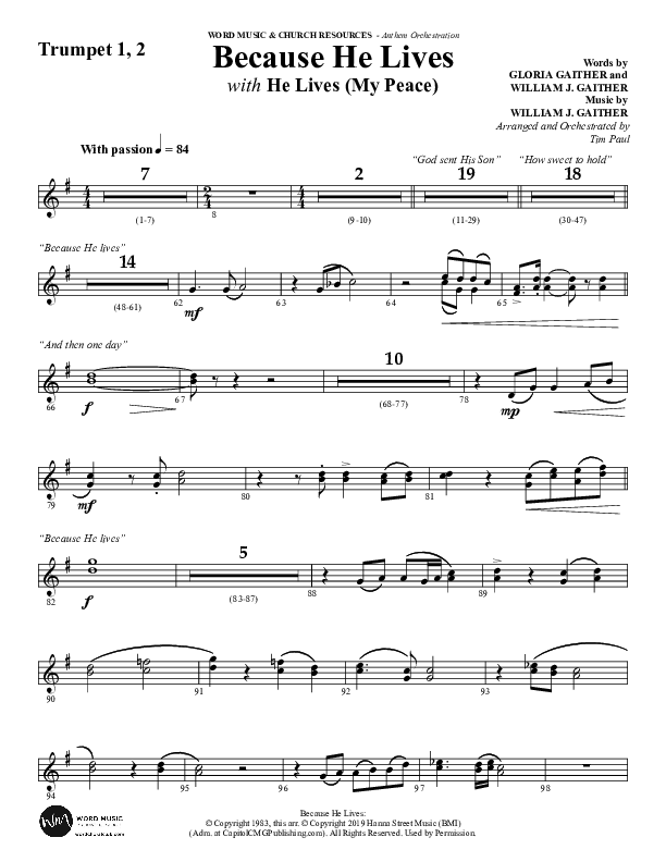 Because He Lives with He Lives (My Peace) (Choral Anthem SATB) Trumpet 1,2 (Word Music Choral / Arr. Tim Paul)