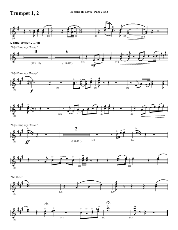 Because He Lives with He Lives (My Peace) (Choral Anthem SATB) Trumpet 1,2 (Word Music Choral / Arr. Tim Paul)