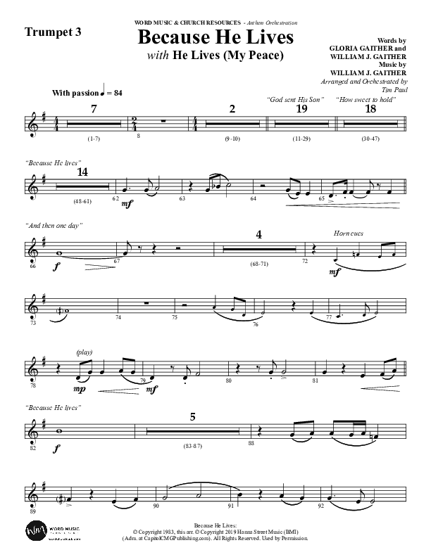 Because He Lives with He Lives (My Peace) (Choral Anthem SATB) Trumpet 3 (Word Music Choral / Arr. Tim Paul)