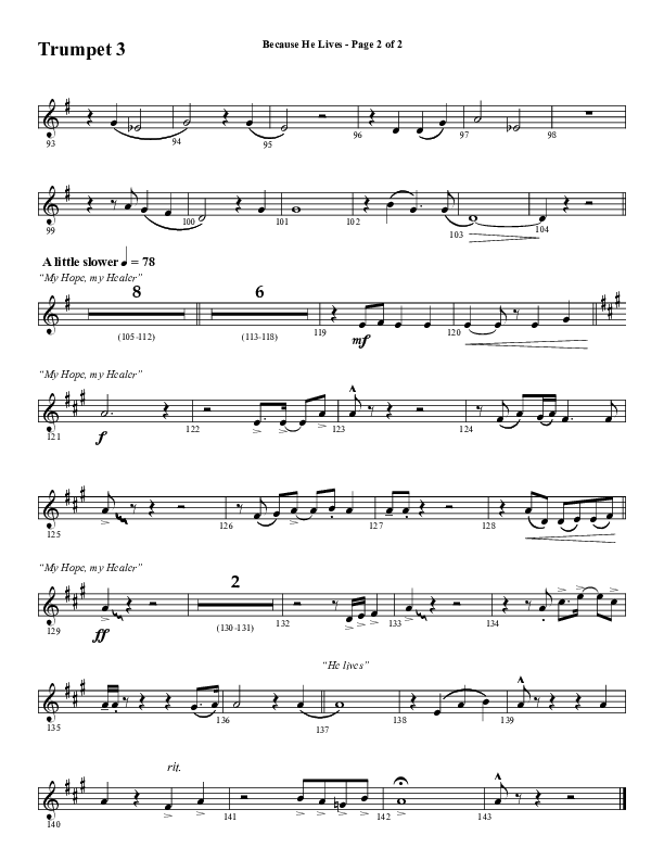 Because He Lives with He Lives (My Peace) (Choral Anthem SATB) Trumpet 3 (Word Music Choral / Arr. Tim Paul)