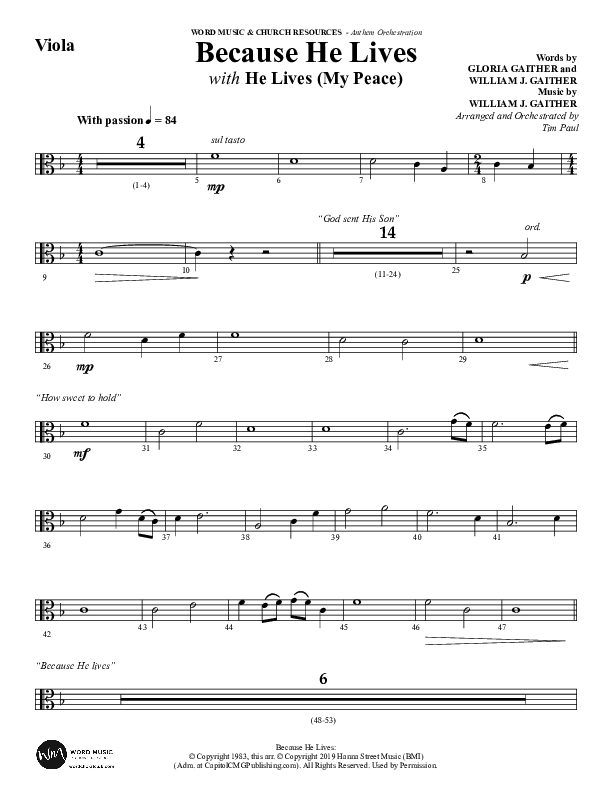 Because He Lives with He Lives (My Peace) (Choral Anthem SATB) Viola (Word Music Choral / Arr. Tim Paul)