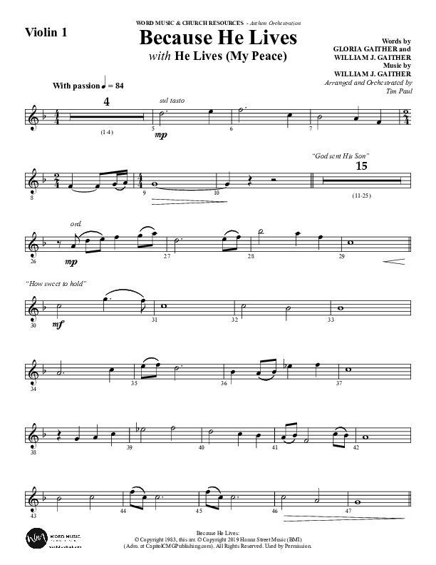 Because He Lives with He Lives (My Peace) (Choral Anthem SATB) Violin 1 (Word Music Choral / Arr. Tim Paul)