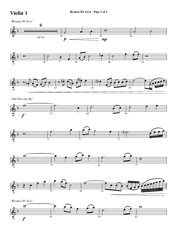 Because He Lives with He Lives (My Peace) (Choral Anthem SATB) Violin 1 (Word Music Choral / Arr. Tim Paul)