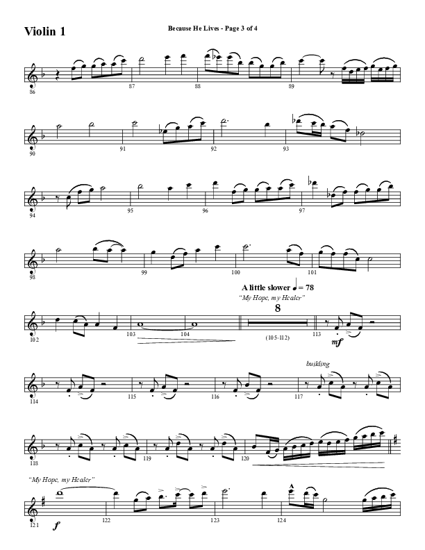 Because He Lives with He Lives (My Peace) (Choral Anthem SATB) Violin 1 (Word Music Choral / Arr. Tim Paul)