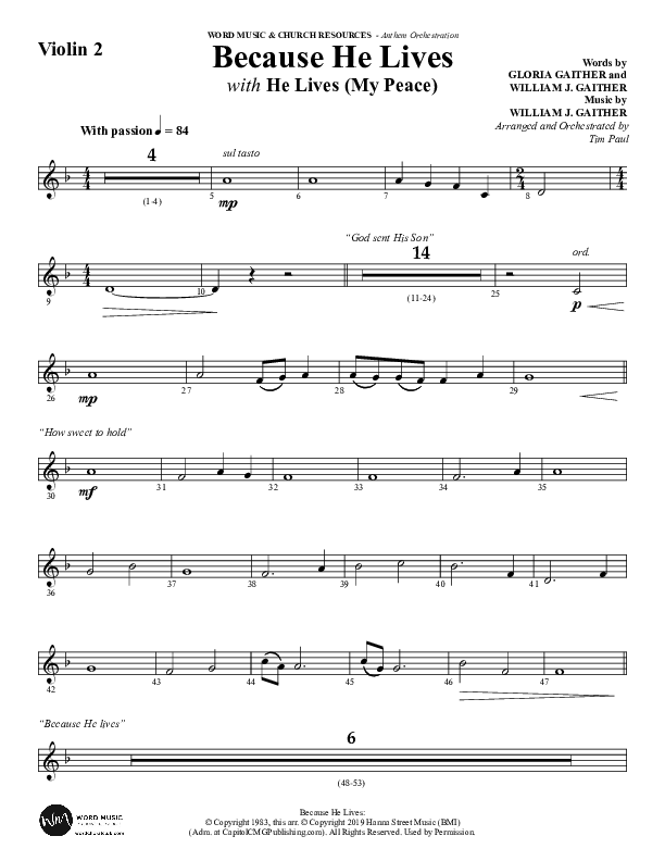 Because He Lives with He Lives (My Peace) (Choral Anthem SATB) Violin 2 (Word Music Choral / Arr. Tim Paul)