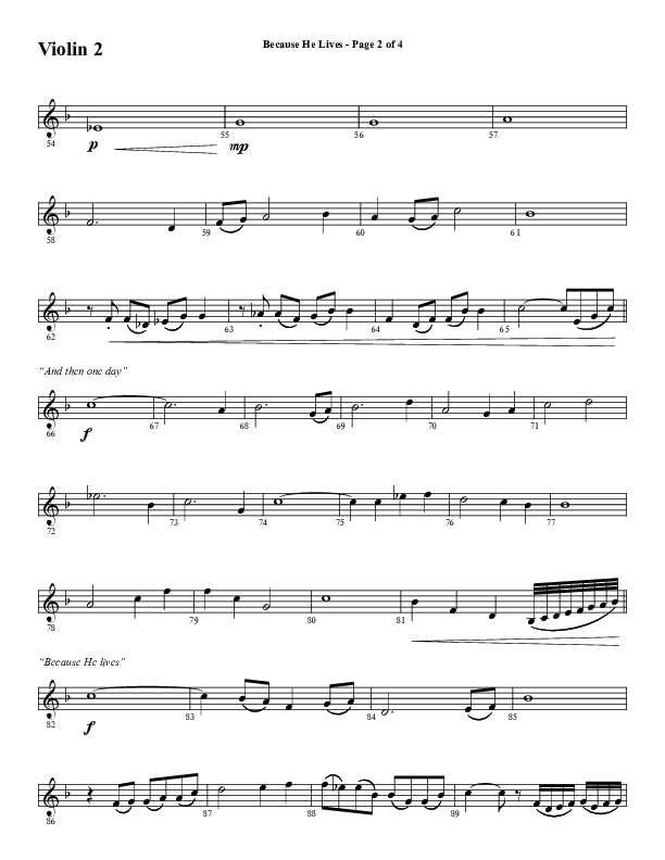 Because He Lives with He Lives (My Peace) (Choral Anthem SATB) Violin 2 (Word Music Choral / Arr. Tim Paul)