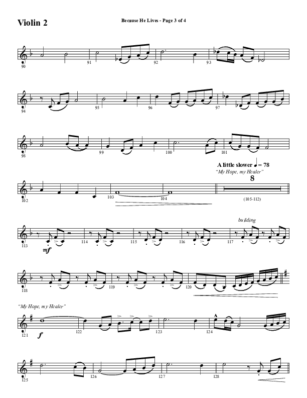 Because He Lives with He Lives (My Peace) (Choral Anthem SATB) Violin 2 (Word Music Choral / Arr. Tim Paul)