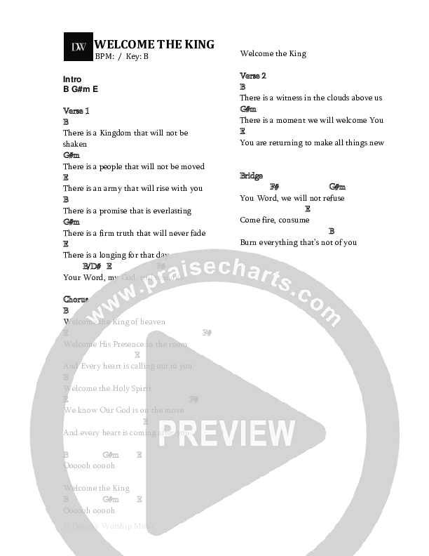 Welcome The King (Live) Chord Chart (Destiny Worship Music)