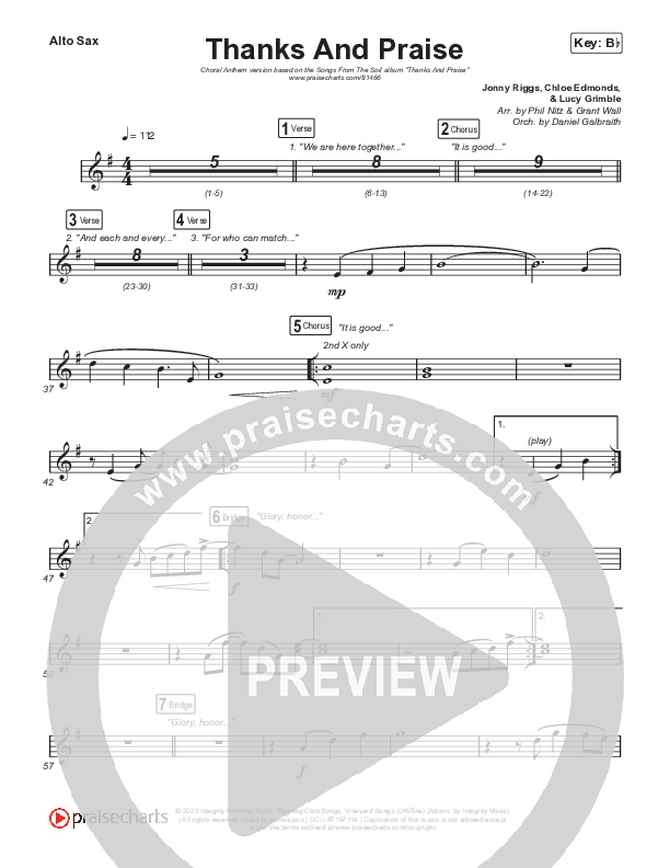 Thanks And Praise (Choral Anthem SATB) Alto Sax (Songs From The Soil / Lucy Grimble / Philippa Hanna / Rich DiCas / Arr. Phil Nitz)