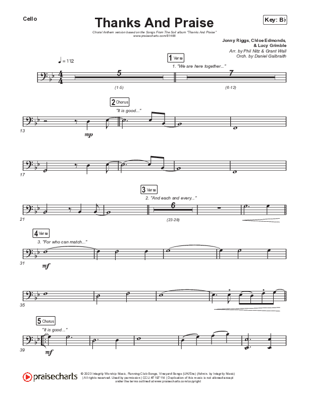 Thanks And Praise (Choral Anthem SATB) Cello (Songs From The Soil / Lucy Grimble / Philippa Hanna / Rich DiCas / Arr. Phil Nitz)