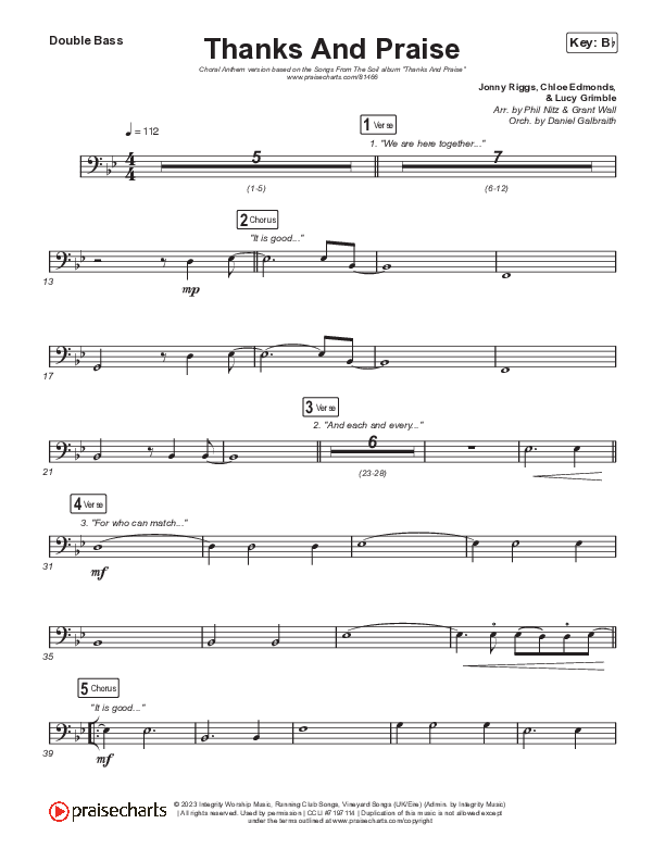 Thanks And Praise (Choral Anthem SATB) String Bass (Songs From The Soil / Lucy Grimble / Philippa Hanna / Rich DiCas / Arr. Phil Nitz)