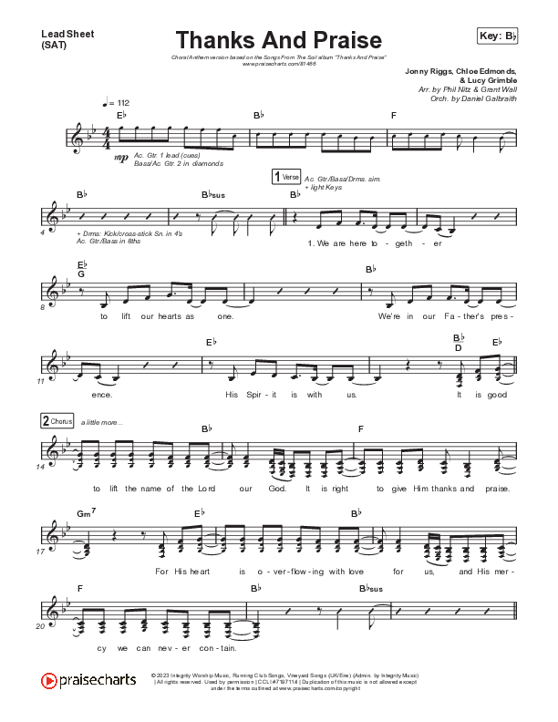 Thanks And Praise (Choral Anthem SATB) Lead Sheet (SAT) (Songs From The Soil / Lucy Grimble / Philippa Hanna / Rich DiCas / Arr. Phil Nitz)