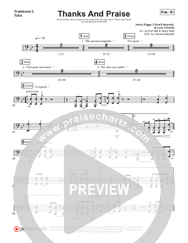 Thanks And Praise (Choral Anthem SATB) Trombone 1,2 (Songs From The Soil / Lucy Grimble / Philippa Hanna / Rich DiCas / Arr. Phil Nitz)